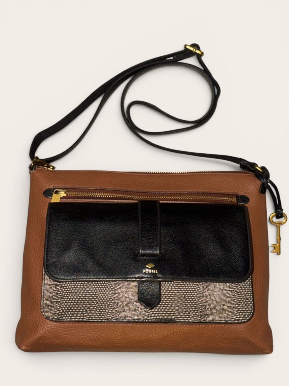 Fossil Kinley Pocket Crossbody ZB7378 Brown Pebbled Leather and Snake Print Bag - Picture 4 of 10